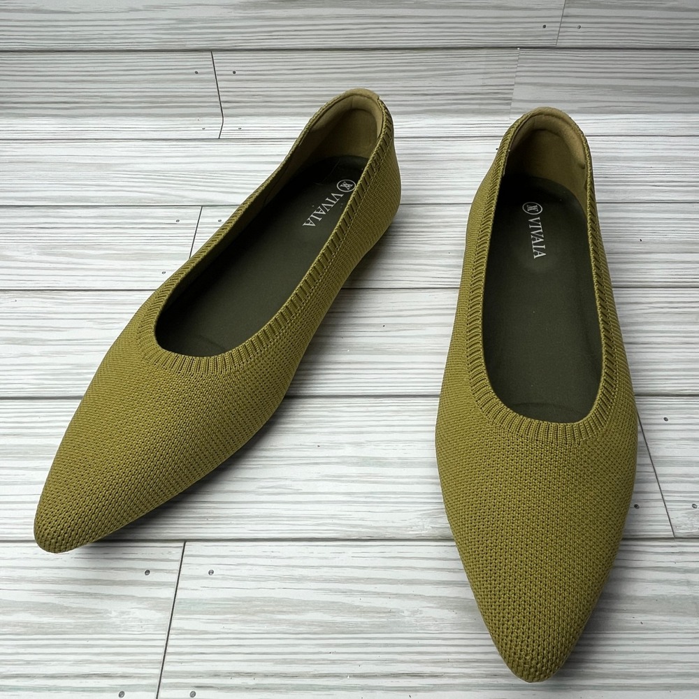Vivaia Aria 5.0 Moss Green Pointed Toe Knit Flats Womens Size 38 Sustainable